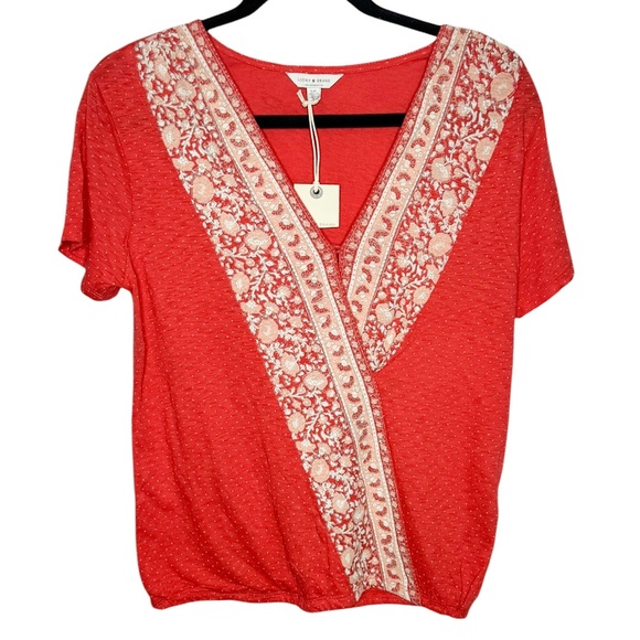 Lucky Brand Tops - NWT | Lucky Brand | Red Boho Embroidered V-Neck Top | Women’s Size Small